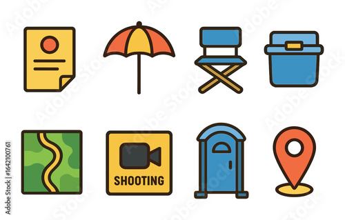 Children's Filming Tools. Flat vector mini-illustrations of location shoot tools in colors children's