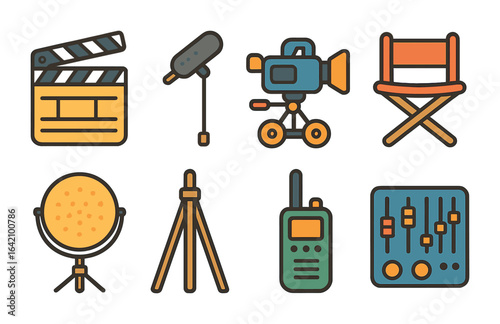 Film Crew Tools. Flat vector mini-illustrations of film production crew tools in colors children's