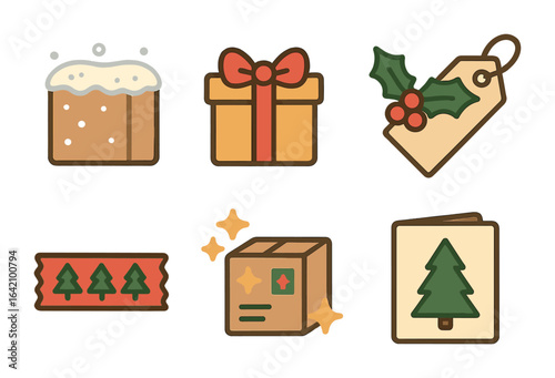 Festive Parcel Icons. Flat vector mini-illustrations of holiday parcels in colors children's illustrations: