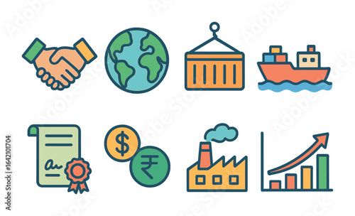 Trade Icons for Kids. Flat vector mini-illustrations trade agreements in emerging markets in colors children's
