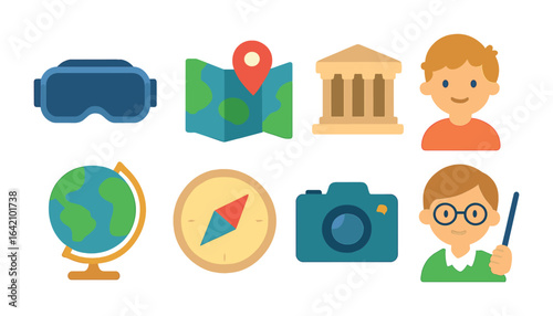 Virtual Field Trip Icons. Flat vector mini-illustrations virtual field trips in colors children's