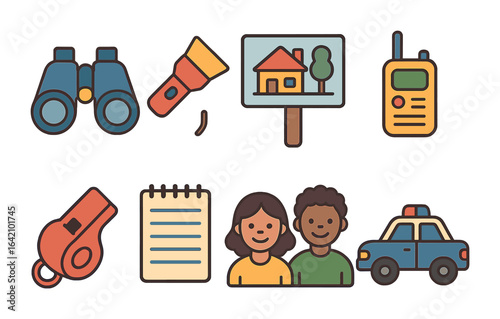 Neighborhood Watch Icons. Flat vector mini-illustrations neighborhood watch group in colors children's