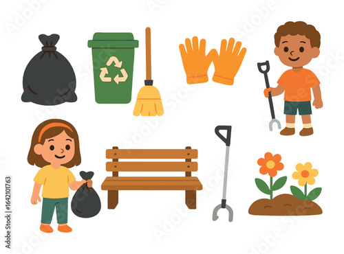 Neighborhood Clean-Up Day. Flat vector mini-illustrations neighborhood clean-up day in colors children's