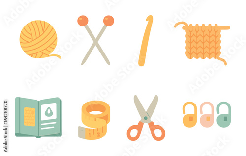 Knitting Essentials Icons. Flat vector mini-illustrations knitting and crocheting for beginners in colors