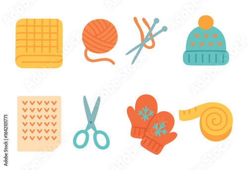 Knitting Project Icons. Flat vector mini-illustrations starter knitting projects in colors children's