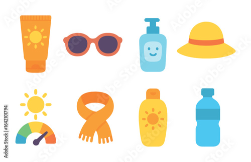 Children's Sun Safety Icons. Flat vector mini-illustrations daily sun protection in colors children's