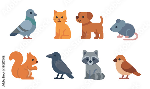 City Animals Grid. Flat vector mini-illustrations animals in the city habitat in colors children's