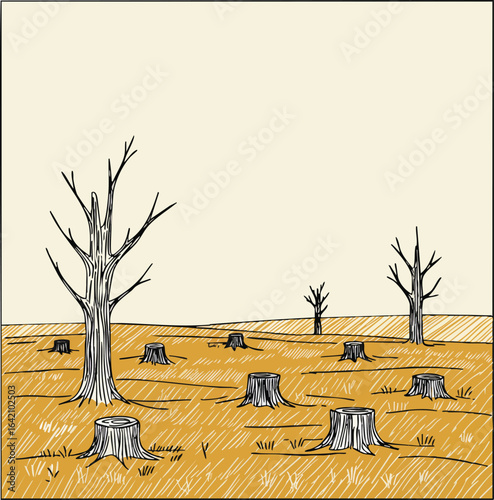 Deforestation scene with tree stumps and dead trees in barren landscape vector illustration 