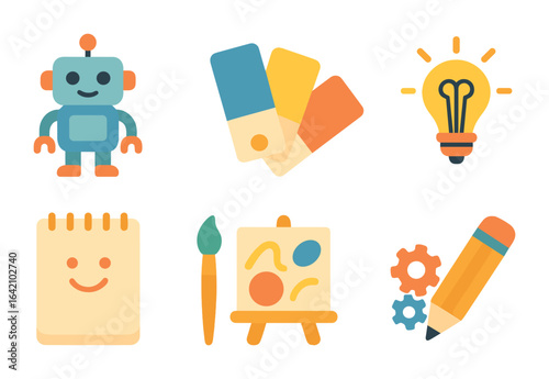 Creative Kids' Icons. Flat vector mini-illustrations AI-inspired artistic ideas in colors children's