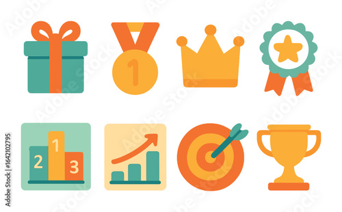 Colorful Corporate Gamification Icons. Flat vector mini-illustrations gamification in corporate events in