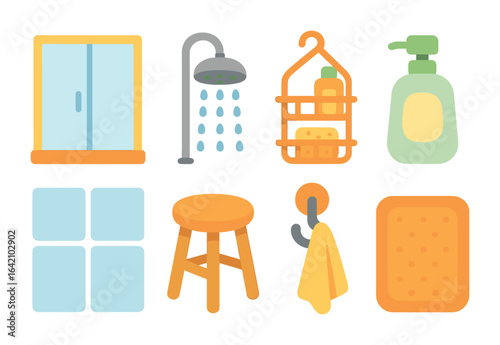 Modern Shower Icons. Flat vector mini-illustrations modern shower area in colors children's illustrations: