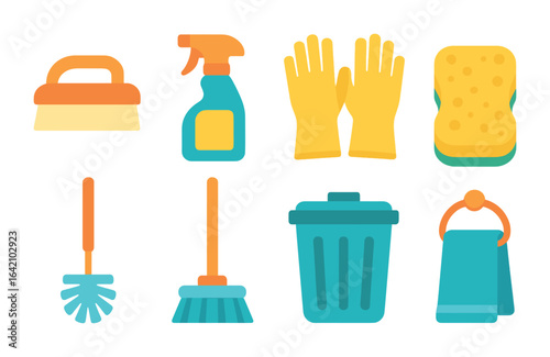 Kids' Bathroom Cleanup Icons. Flat vector mini-illustrations bathroom cleaning in colors children's