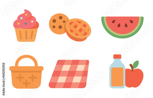 Colorful Picnic Delights. Flat vector mini-illustrations picnic desserts in colors children's illustrations: