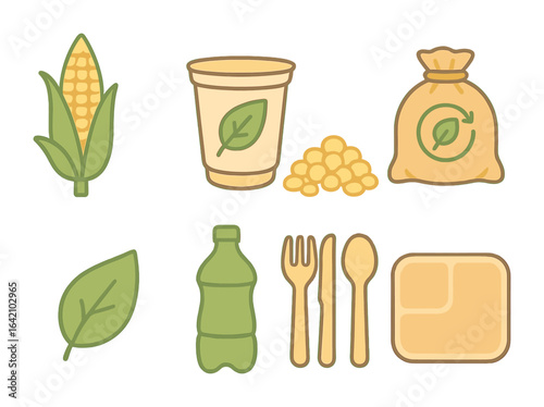 Eco-Friendly Icons. Flat vector mini-illustrations plant-based plastics in colors children's illustrations: