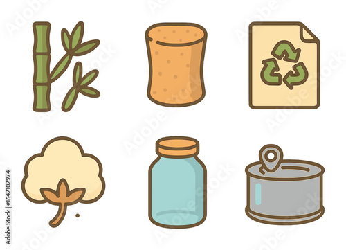Eco-Friendly Icons Grid. Flat vector mini-illustrations sustainable materials in colors children's
