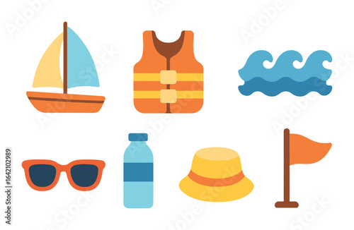 Colorful Sailing Illustrations. Flat vector mini-illustrations sailing and windsurfing in colors children's