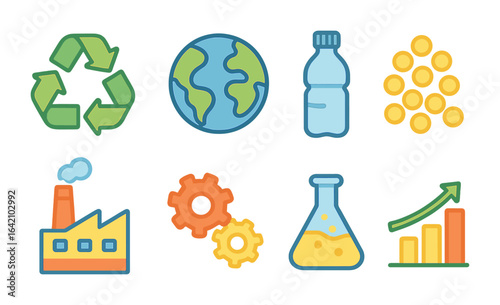 Circular Economy Icons. Flat vector mini-illustrations circular economy for plastics in colors children's