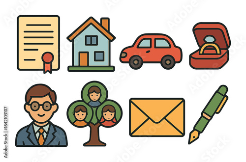 Inheritance Icons Grid. Flat vector mini-illustrations inheritance planning in colors children's illustrations