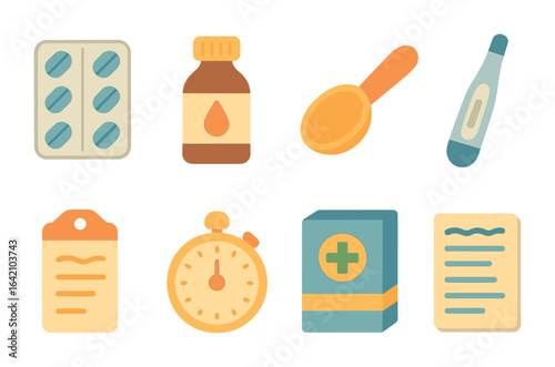 Children's Medicine Guide Icons. Flat vector mini-illustrations over-the-counter medicine guide in colors