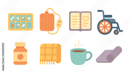 Chronic Illness Essentials. Flat vector mini-illustrations Living with chronic illness in colors children's