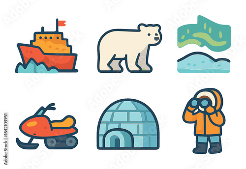 Arctic Adventure Icons. Flat vector mini-illustrations Arctic expeditions and polar tourism in colors children