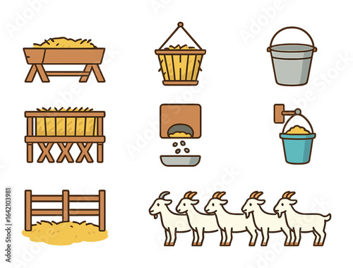 Goat Feeding Icons. Flat vector mini-illustrations goat feeding stations in colors children's illustrations: