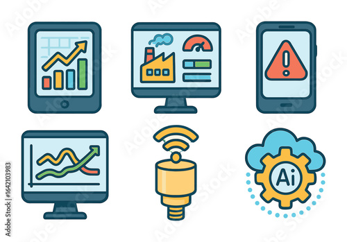 Colorful Tech Icons. Flat vector mini-illustrations digital tools in bottleneck analysis in colors children's