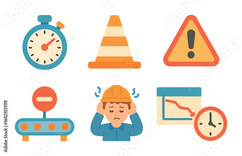 Production Bottleneck Icons. Flat vector mini-illustrations production bottleneck indicators in colors