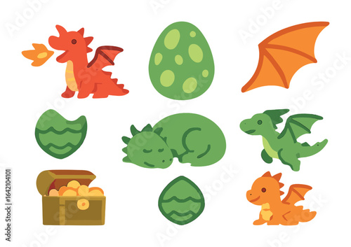 Colorful Dragon Icons. Flat vector mini-illustrations dragons in colors children's illustrations: