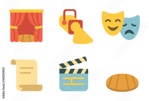 Children's Performance Icons. Flat vector mini-illustrations performing arts and acting in colors children's