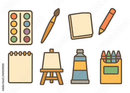 Art Supplies Grid. Flat vector mini-illustrations painting and drawing hobbies in colors children's