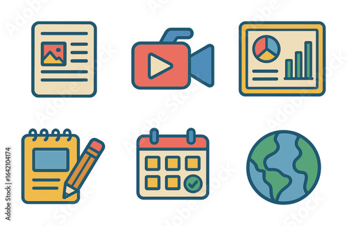 Kids' Content Icons. Flat vector mini-illustrations content marketing in colors children's illustrations: blog