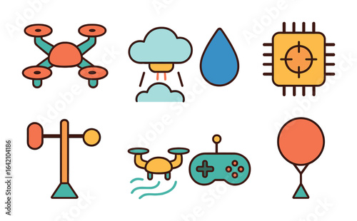 Weather Drones for Kids. Flat vector mini-illustrations weather drones in colors children's illustrations: