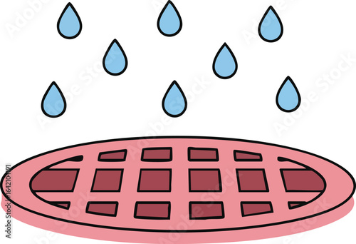 Round drain grate with falling water droplets vector illustration in simple style