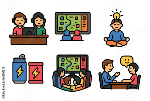 Esports Children's Icons. Flat vector mini-illustrations Behind the scenes of esports in colors children's