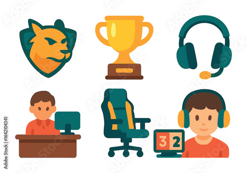 Esports Icons Grid. Flat vector mini-illustrations Esports organizations in colors children's illustrations: