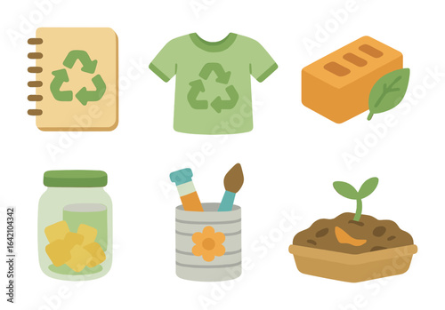 Recycled Materials Icons. Flat vector mini-illustrations Recycled materials in new life in colors children's