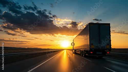 Semi truck driving fast on highway during beautiful golden hour sunset