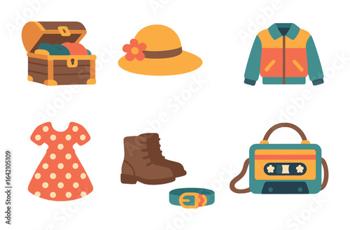 Thrift Store Finds. Flat vector mini-illustrations thrift store treasures in colors children's illustrations: