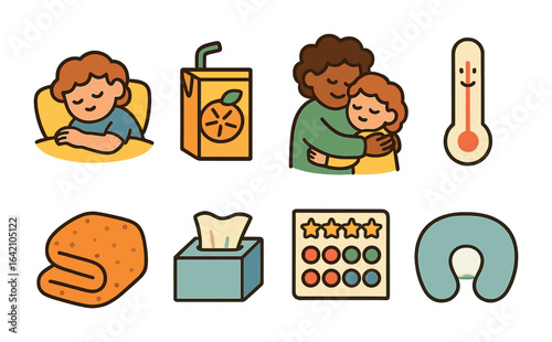 Post-Vaccination Care Icons. Flat vector mini-illustrations post-vaccination care in colors children's