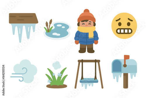 Winter Chill Icons. Flat vector mini-illustrations freezing weather effects in colors children's illustrations