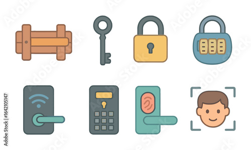 Lock Evolution Icons. Flat vector mini-illustrations lock evolution timeline in colors children's