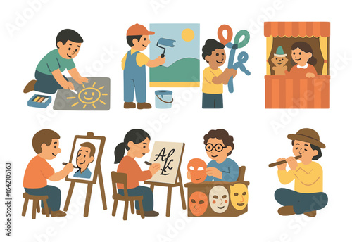 Creative Street Performers. Flat vector mini-illustrations street artists and creators in colors children's