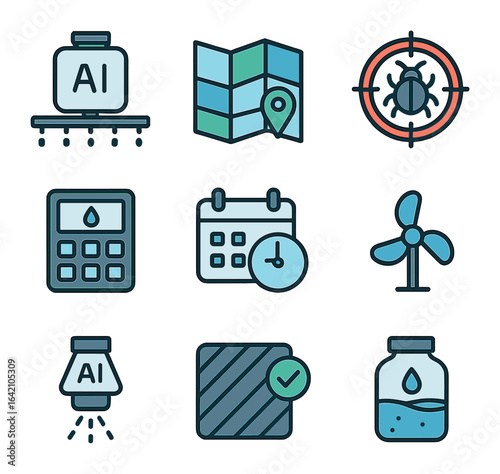 Smart Pesticide Icon Set. Flat icon set of smart pesticide application: AI sprayer, zone control map, pest