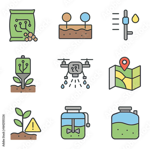AI Fertilization Icons. Flat icon set of AI-controlled fertilization: smart fertilizer icon, soil-nutrient