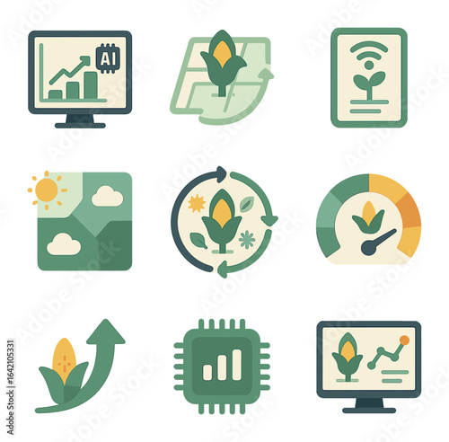 Predictive Farming Icons. Flat icon set of predictive farming analytics: AI chart screen, crop forecast model,