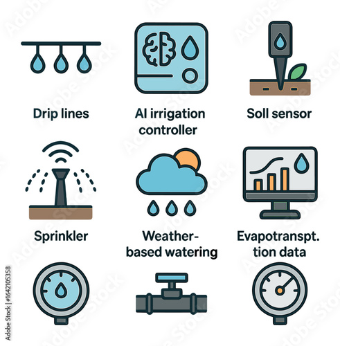 Smart Irrigation Icons. Flat icon set of smart irrigation systems: drip lines, AI irrigation controller, soil