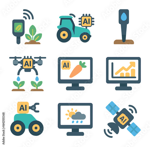 Agricultural AI Icons. Flat icon set of AI in agriculture: crop health sensor, smart tractor, soil moisture
