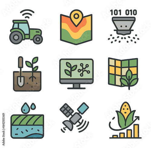 Precision Farming Icons. Flat icon set of precision farming: GPS tractor, zone map, variable rate tech, soil
