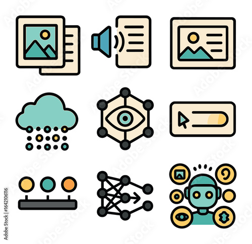 Multimodal AI Icon Set. Flat icon set of multimodal AI models: image-text pair, audio-text icon, cross-modal
